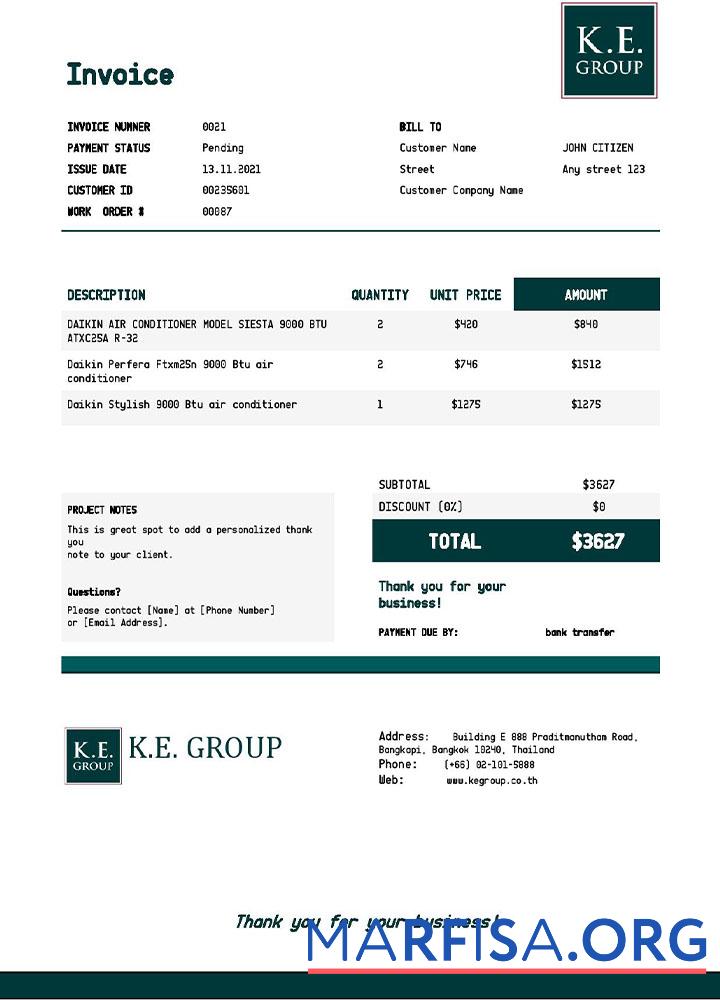 Downloadable USA KE Group invoice template